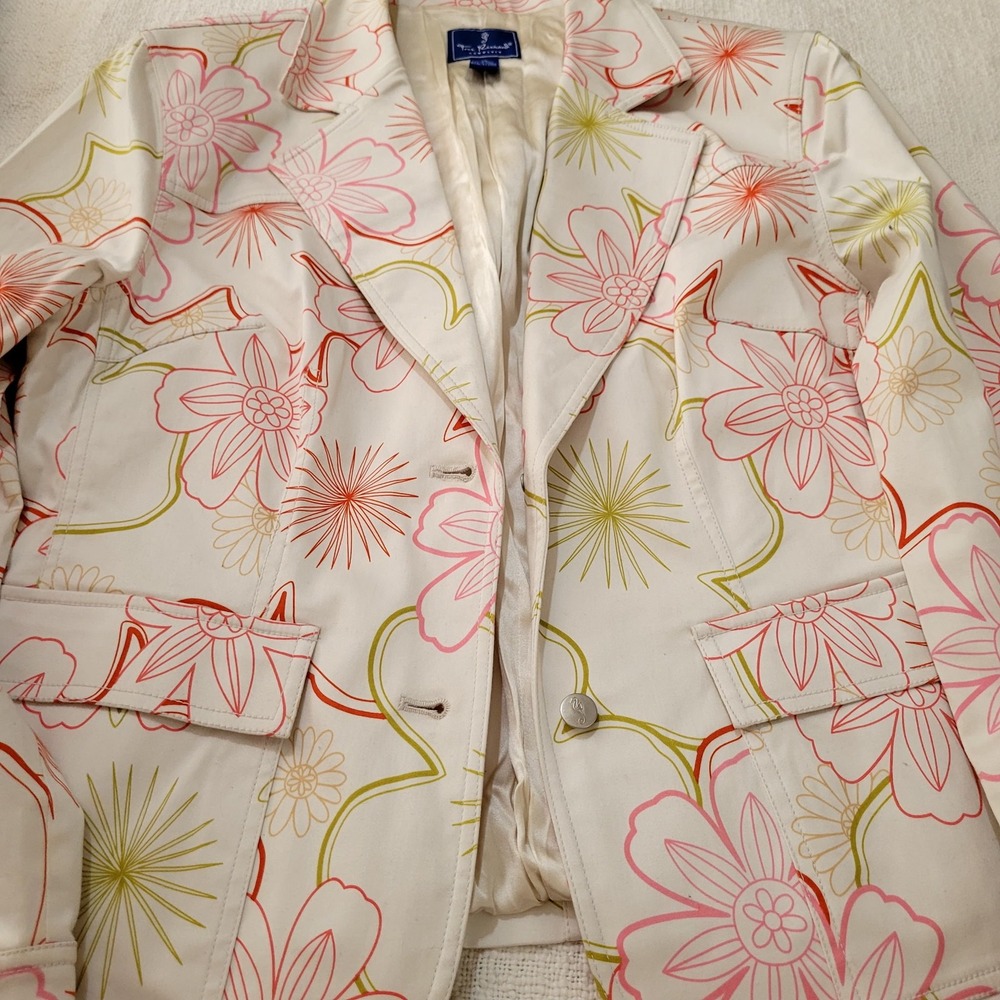 Tori Richard Honolulu Floral Blazer Jacket White Pink Silk Blend Lining Size 12